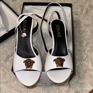 Versace White Heels with Gold Medusa Accent